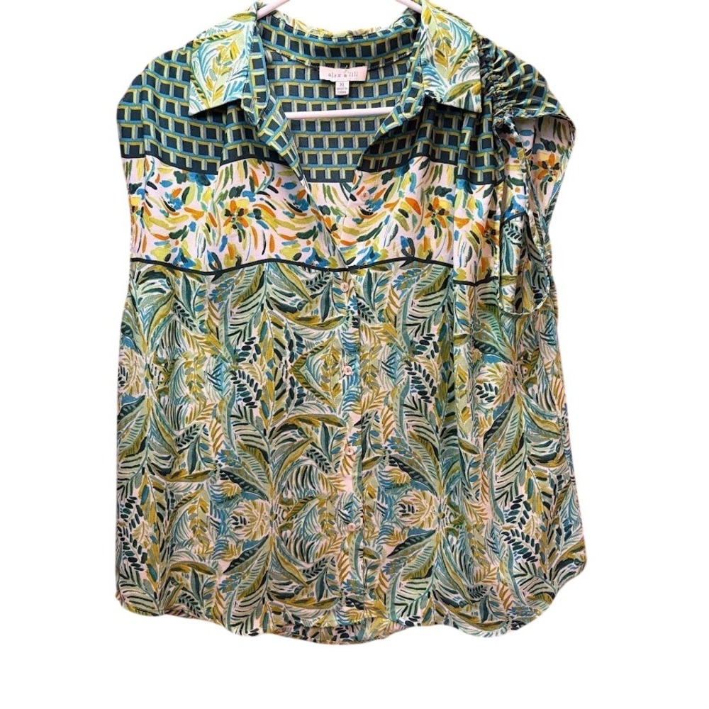Alex‎ & Lili Mixed Print Sleeveless Button DownBlouse XL TropicalGeometricGreen
